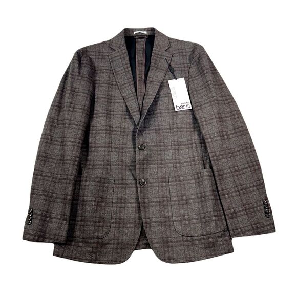 Bar III Slim-Fit‎ Knit Sport Coat Mens 40L 40 Brown Plaid Stretch $295